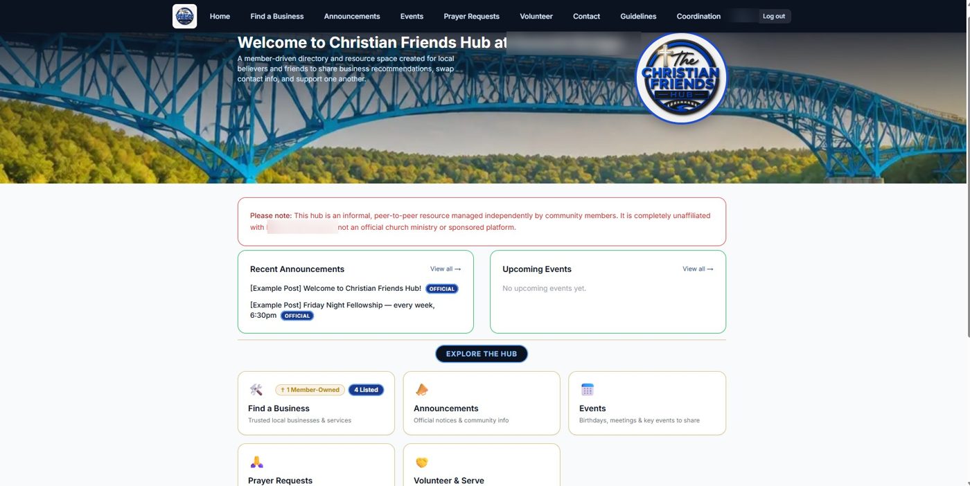 The real Christian Friends Hub homepage, with the congregation's identity covered